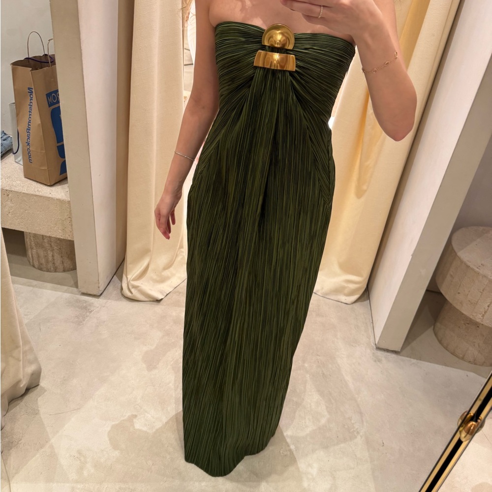 cult gaia Olive Green Strapless Pleated Maxi Dress with Gold Accent - Picture 2 of 4